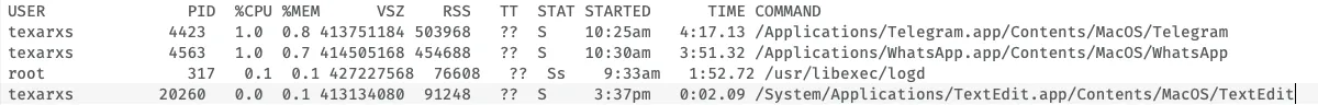 Terminal output of the ps command, listing running processes with user, process ID, CPU and memory use, start time and command path.
