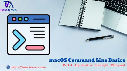 Terminal icon illustration titled "macOS command line basics, part 4: app control, Spotlight and clipboard".