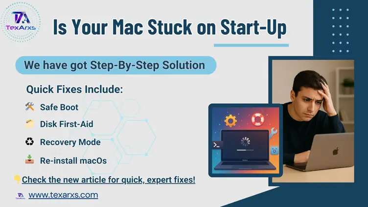 Banner: is your Mac stuck on start-up? Quick fixes include safe boot, Disk First Aid, Recovery mode and reinstalling macOS.