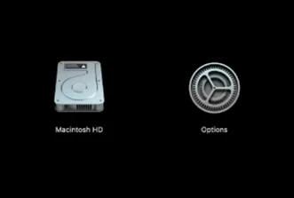 Startup options window with a Macintosh HD disk icon and an Options gear icon.